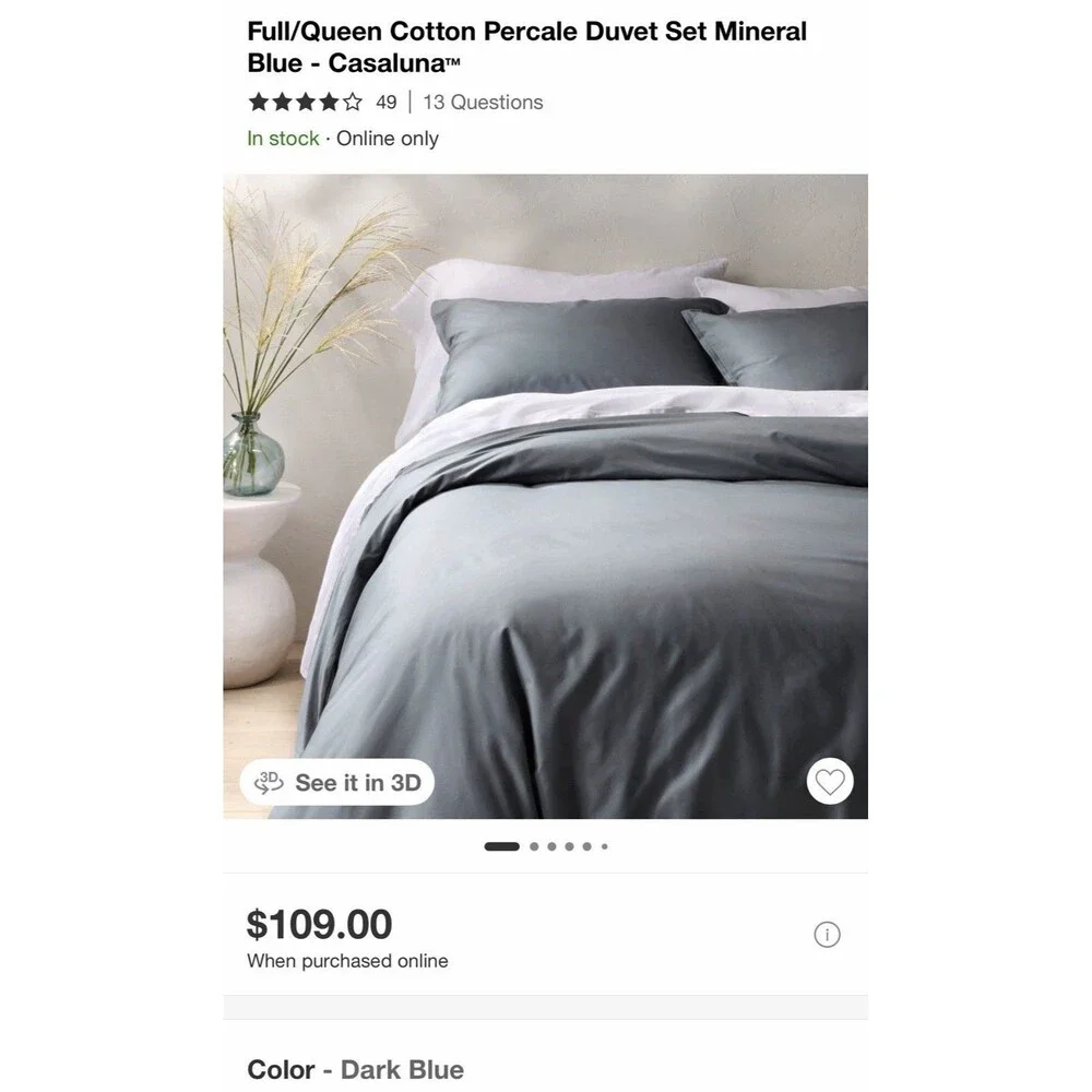 Queen Cotton Percale Duvet Set Mineral Blue - Casaluna NEW